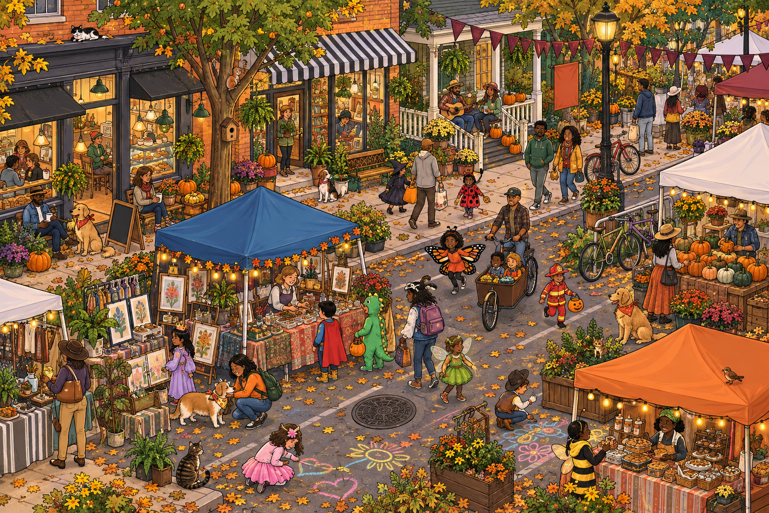 A busy illustrated October neighborhood block party with shops, market stalls, costumes, and autumn decorations.